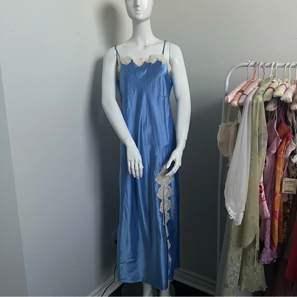 NWT Vintage Blue Satin Lace Trim Slip Dress 90s Lingerie Style Maxi Deadstock L - Picture 5 of 8